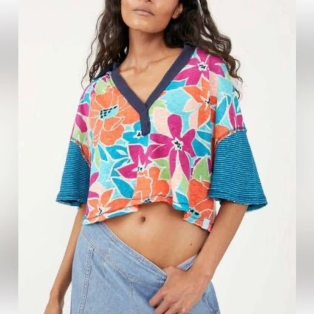 Free People | Floral Boxy Cropped On A Boat Polo Top | M - Picture 2 of 16